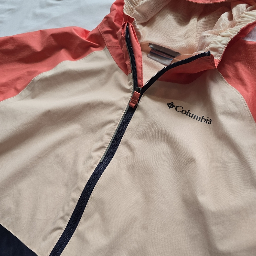 Columbia Omni Tech Coral Cream Navy Hooded Rain Jacket Youth XL (18-20)